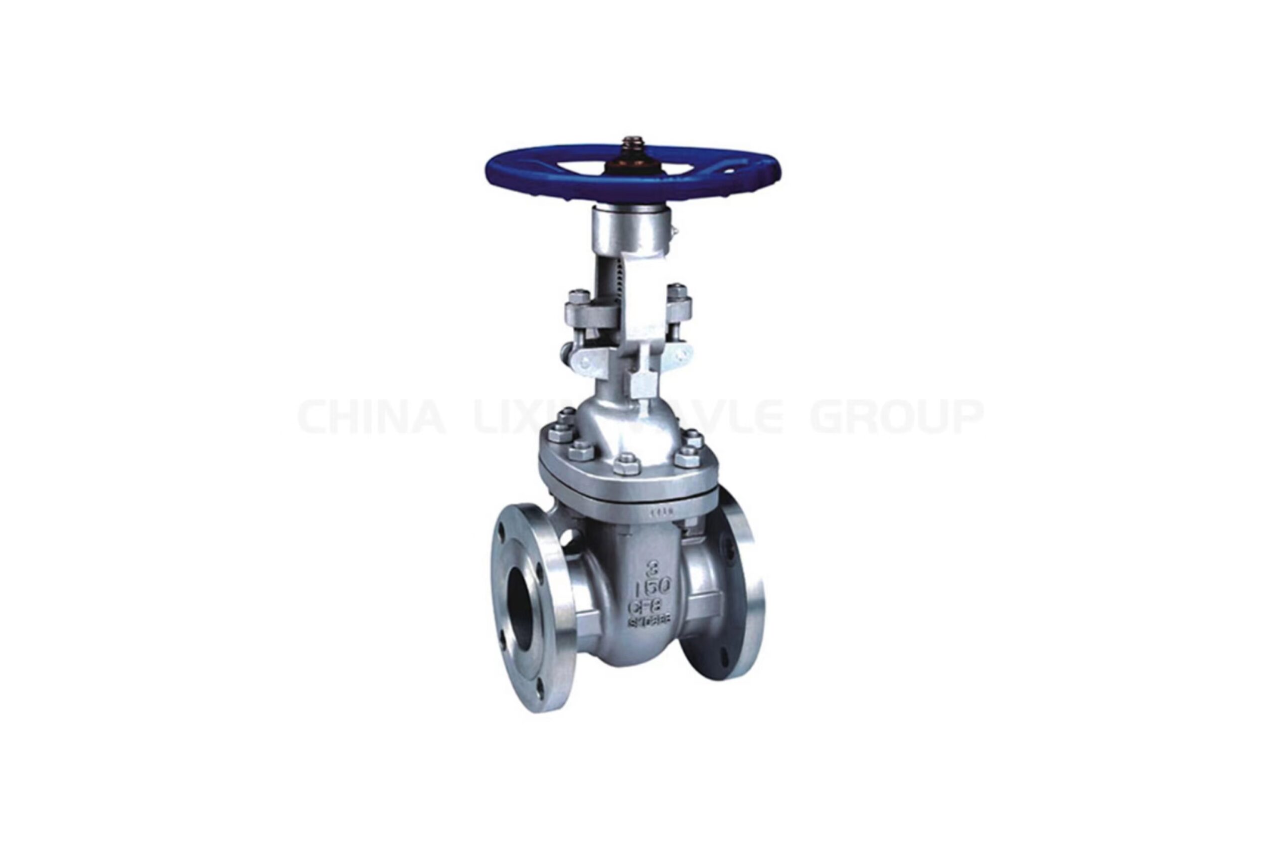 A close-up of a gate valve with a round handle. The valve is made of metal and is used to control the flow of liquids or gases.